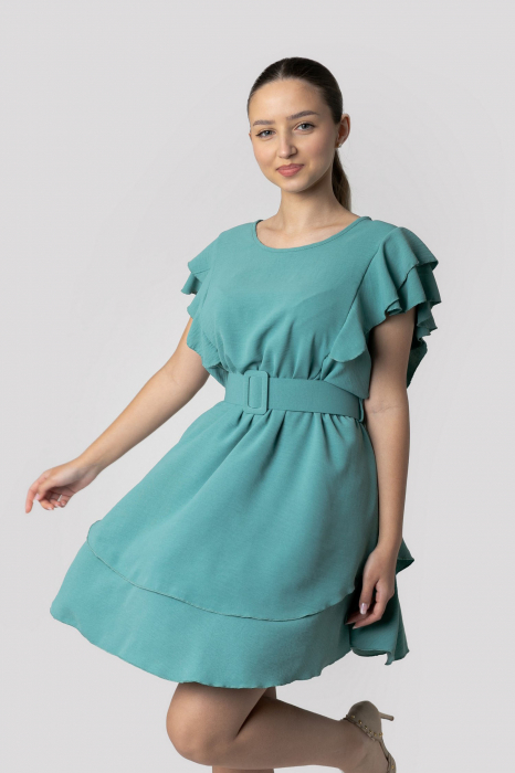 Rochie verde mint cu volane si centura in talie [4]