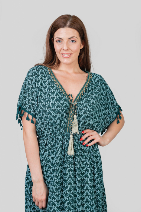 Rochie verde petrol cu ciucuri si model mandala [2]