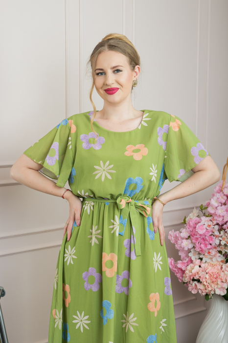 Rochie verde praz cu imprimeu floral si maneci fluture [3]