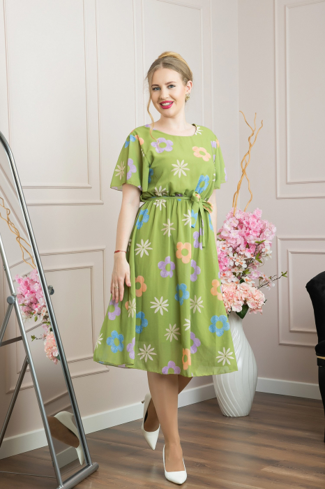 Rochie verde praz cu imprimeu floral si maneci fluture