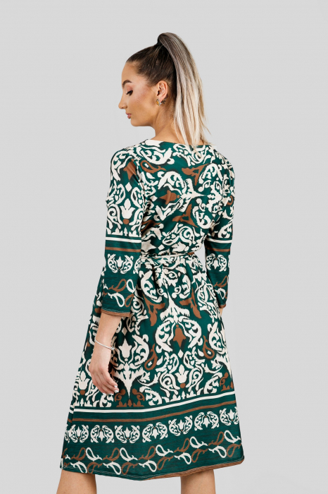 Rochie office verde smarald cu imprimeuri crem si maneci trei sferturi [4]