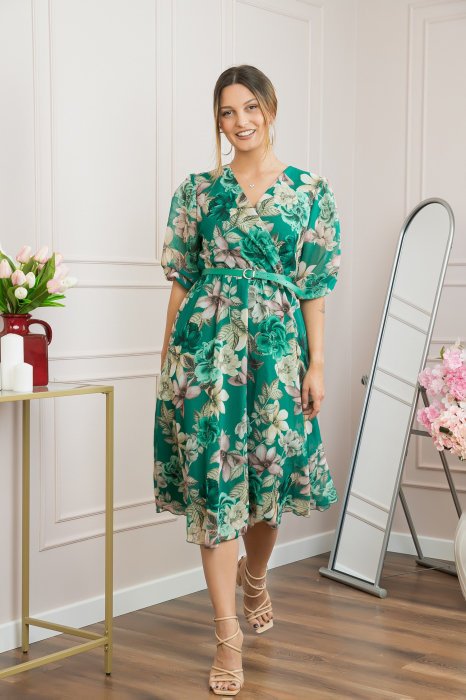 Rochie verde smarald din voal cu imprimeu floral si curea ajustabila [4]