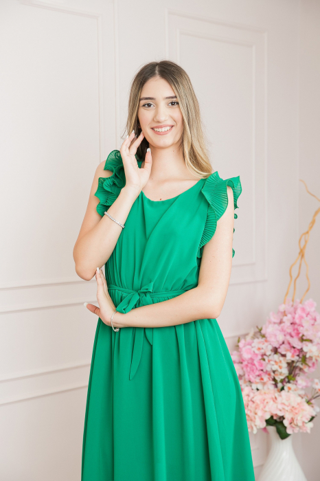 Rochie verde smarald din voal cu volane si cordon in talie [3]