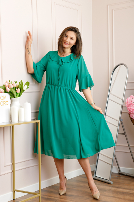 Rochie verde smarald vaporoasa cu elastic in talie si volanas la decolteu Allegra [4]