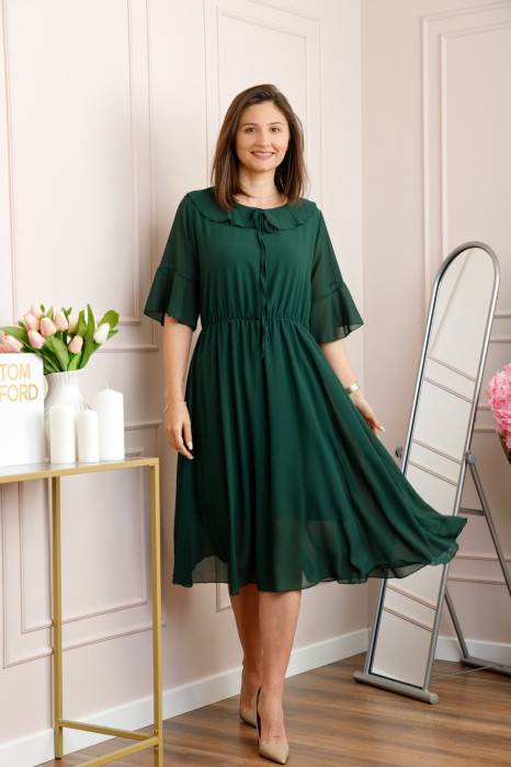 Rochie verde vaporoasa cu elastic in talie si volanas la decolteu Allegra [3]