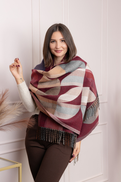 Sal dama bordo cu imprimeu geometric si franjuri Carly [2]