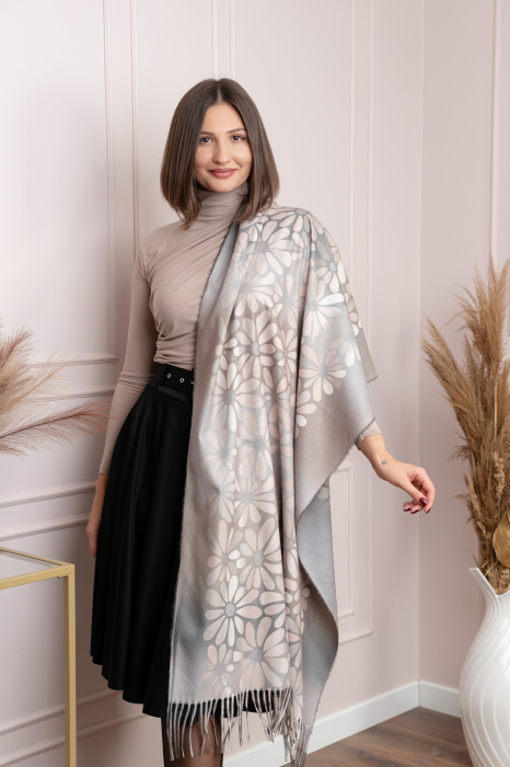 Sal dama gri cu imprimeu floral si franjuri Anya [4]