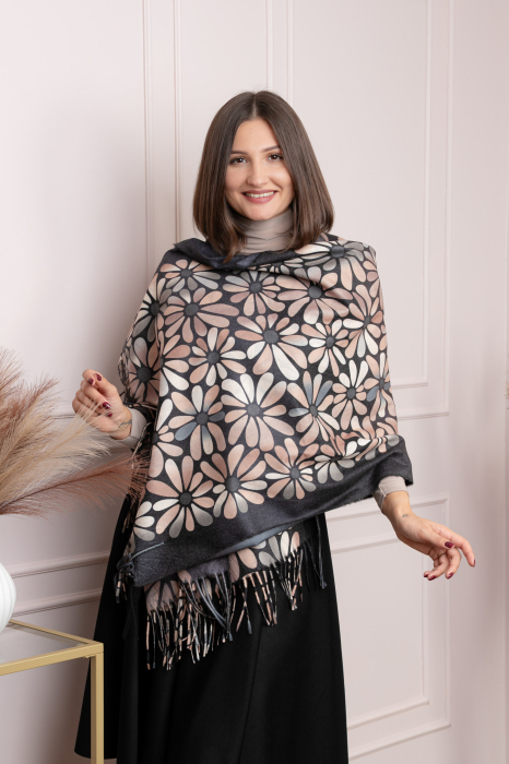 Sal dama negru cu imprimeu floral si franjuri Anya [3]