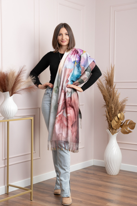 Sal dama roz vintage cu imprimeu floral si franjuri Debra [4]
