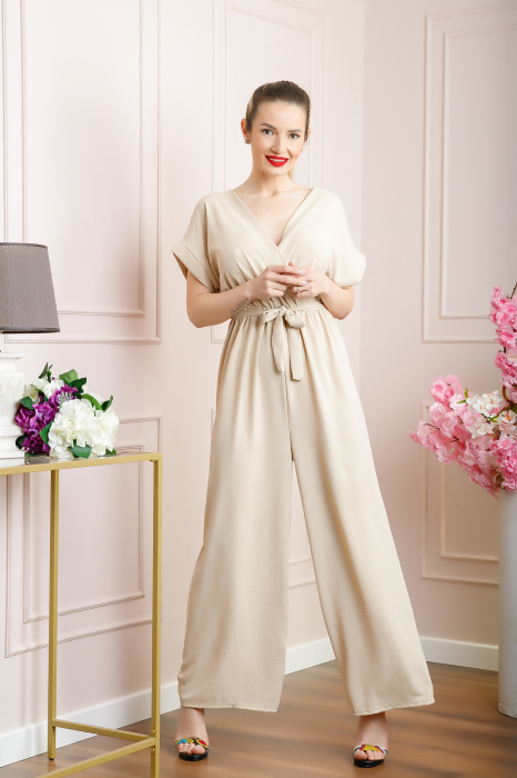 Salopeta ecru cu maneci scurte si cordon in talie [3]