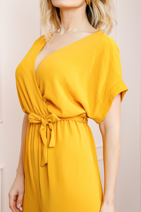 Salopeta galbena cu maneci scurte si cordon in talie [2]