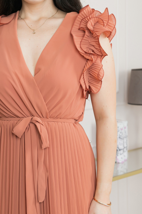 Salopeta plisata coniac cu volane si cordon in talie [2]