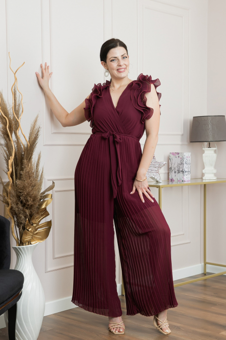 Salopeta plisata grena cu volane si cordon in talie [4]