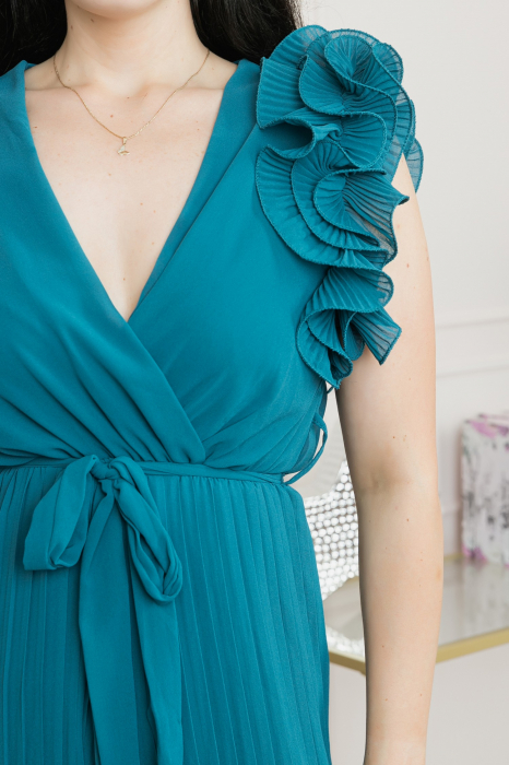 Salopeta plisata turcoaz cu volane si cordon in talie [2]