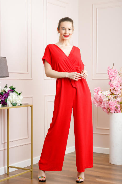 Salopeta rosie cu maneci scurte si cordon in talie [3]