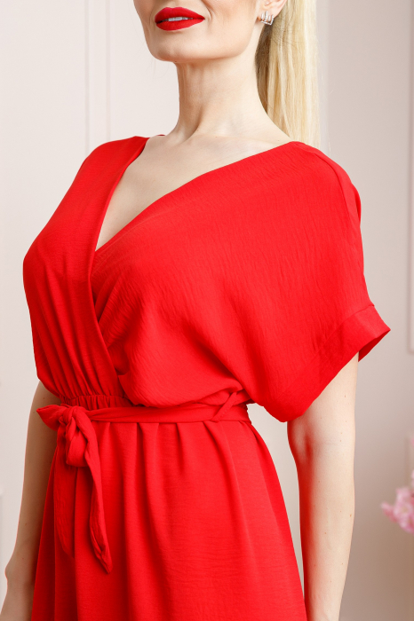 Salopeta rosie cu maneci scurte si cordon in talie [2]