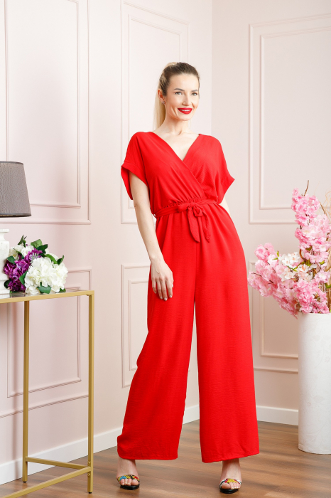 Salopeta rosie cu maneci scurte si cordon in talie [4]