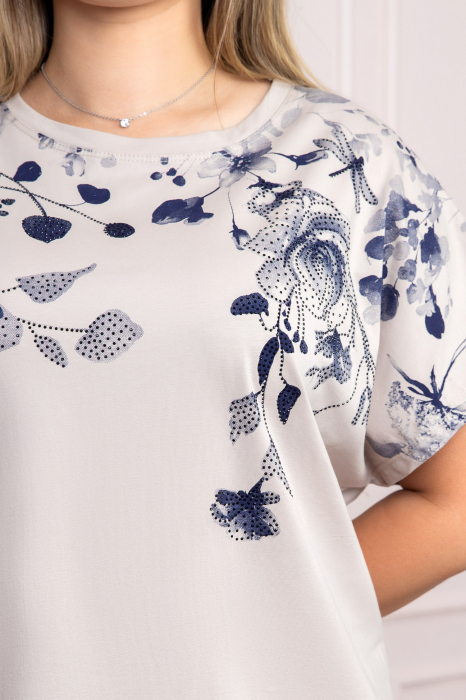 Tricou ivoire casual cu imprimeuri florale albastre [2]