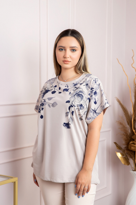 Tricou ivoire casual cu imprimeuri florale albastre [3]