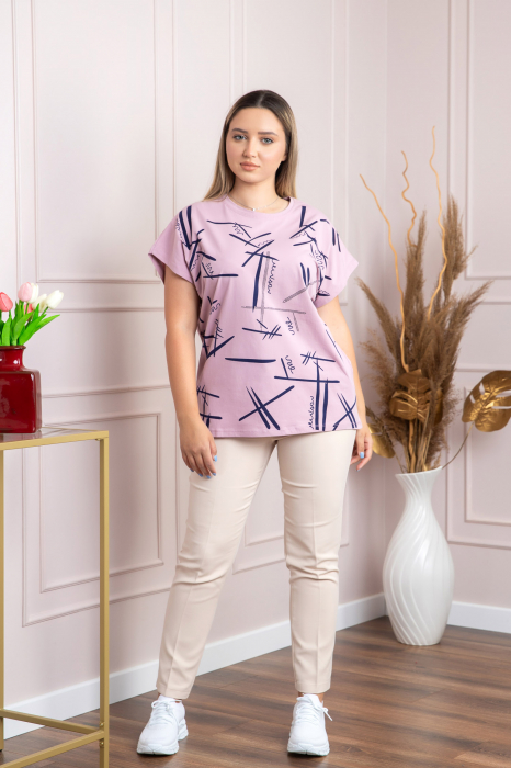 Tricou lila cu strasuri si imprimeu grafic bleumarin [4]