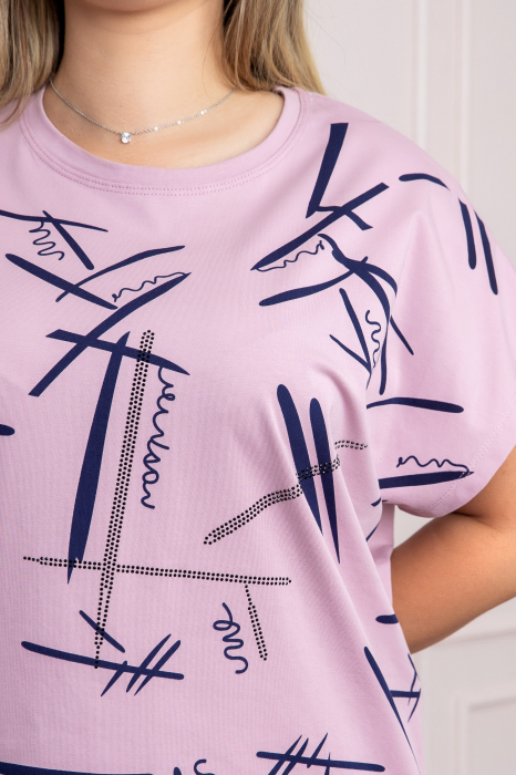 Tricou lila cu strasuri si imprimeu grafic bleumarin [2]
