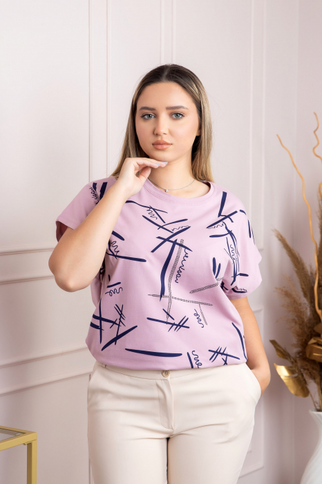 Tricou lila cu strasuri si imprimeu grafic bleumarin [3]