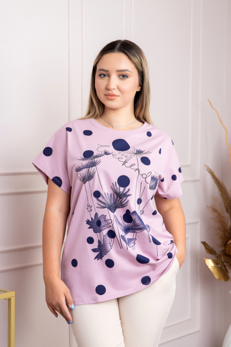 Tricou lila cu strasuri si imprimeuri florale bleumarin