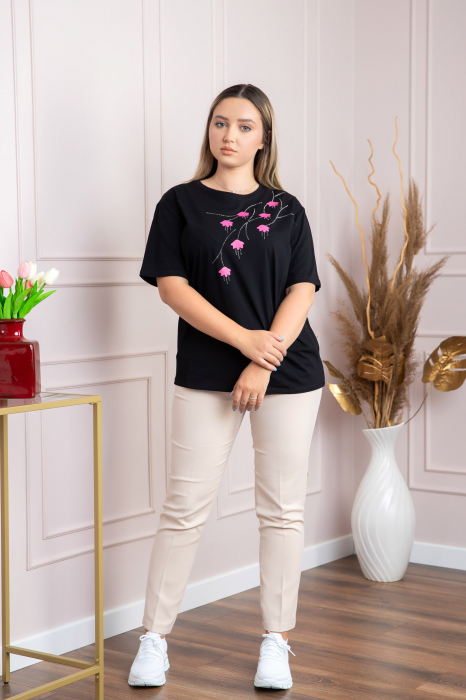 Tricou negru casual cu imprimeu floral roz [4]