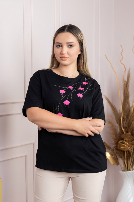 Tricou negru casual cu imprimeu floral roz [3]
