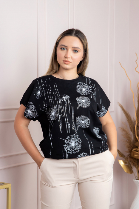 Tricou negru casual cu imprimeu papadii [3]