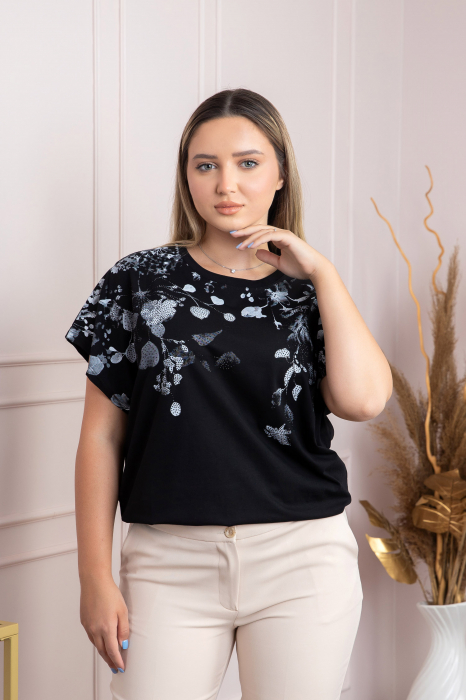 Tricou negru casual cu imprimeuri florale albe