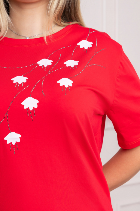 Tricou rosu casual cu imprimeu floral alb [2]