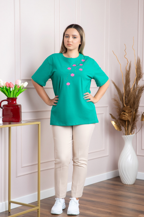 Tricou verde casual cu imprimeu floral roz [4]