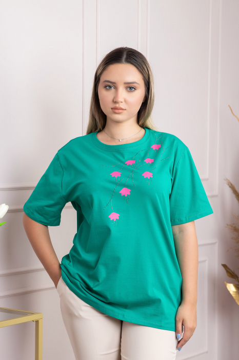 Tricou verde casual cu imprimeu floral roz [3]