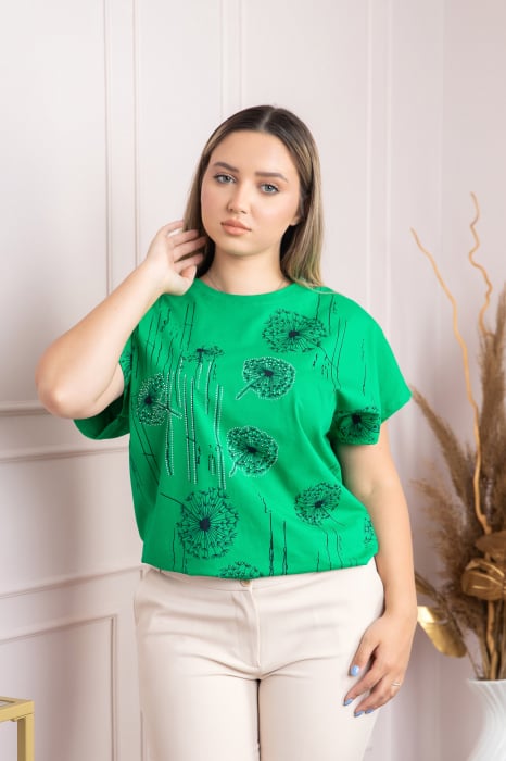 Tricou verde casual cu imprimeu papadii