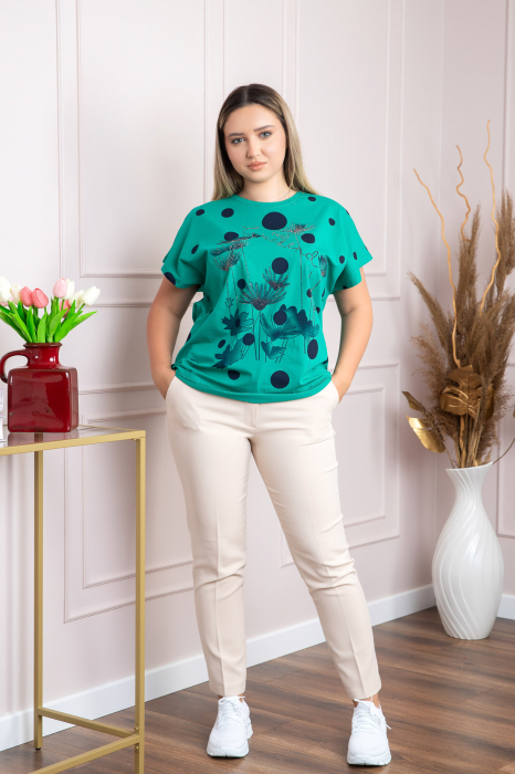 Tricou verde cu strasuri si imprimeuri florale bleumarin [4]