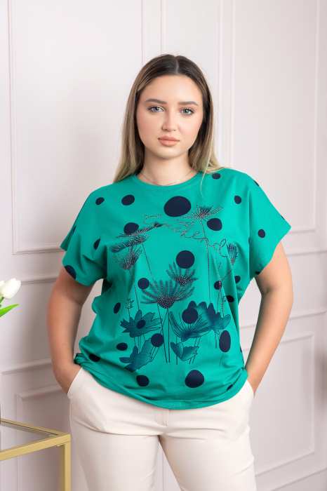 Tricou verde cu strasuri si imprimeuri florale bleumarin