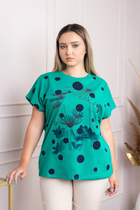 Tricou verde cu strasuri si imprimeuri florale bleumarin [3]
