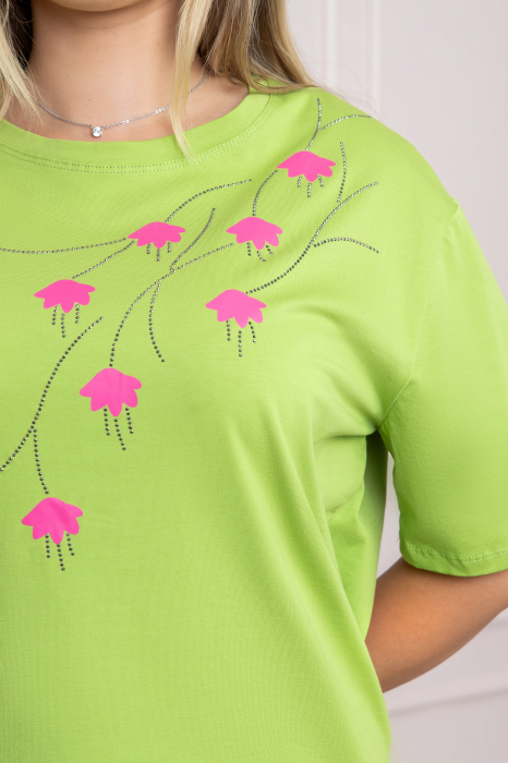 Tricou verde lime casual cu imprimeu floral roz [2]