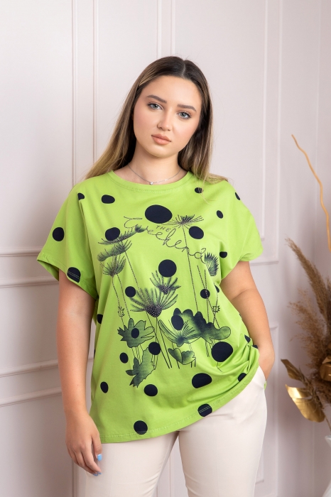 Tricou verde lime cu strasuri si imprimeuri florale negre