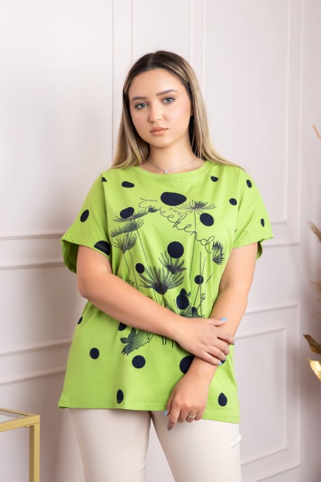 Tricou verde lime cu strasuri si imprimeuri florale negre [3]