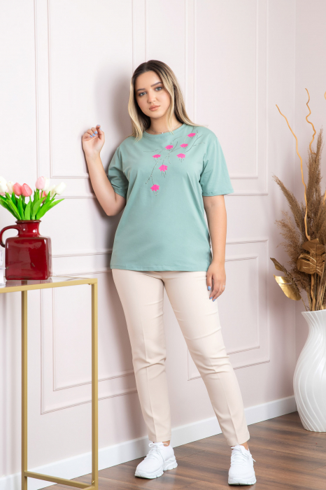 Tricou verde mint casual cu imprimeu floral roz [4]