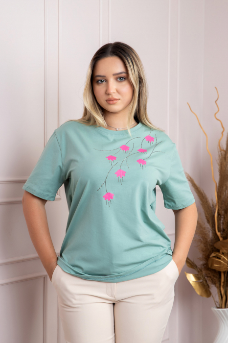 Tricou verde mint casual cu imprimeu floral roz