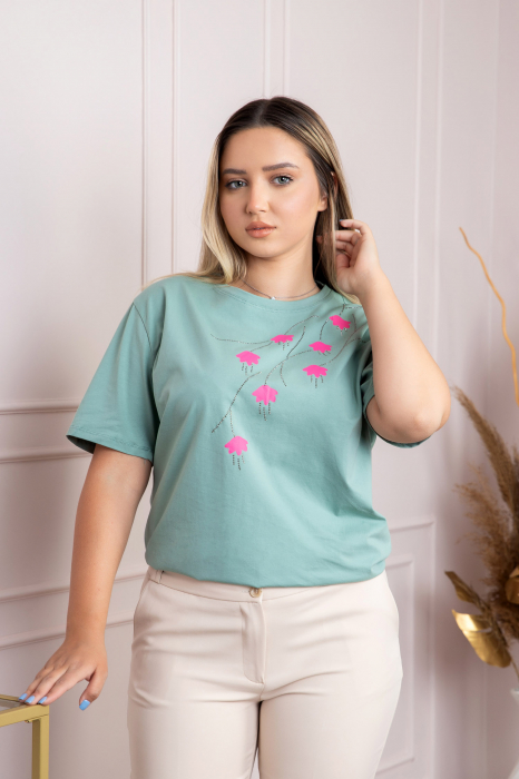 Tricou verde mint casual cu imprimeu floral roz [3]