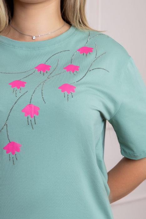 Tricou verde mint casual cu imprimeu floral roz [2]
