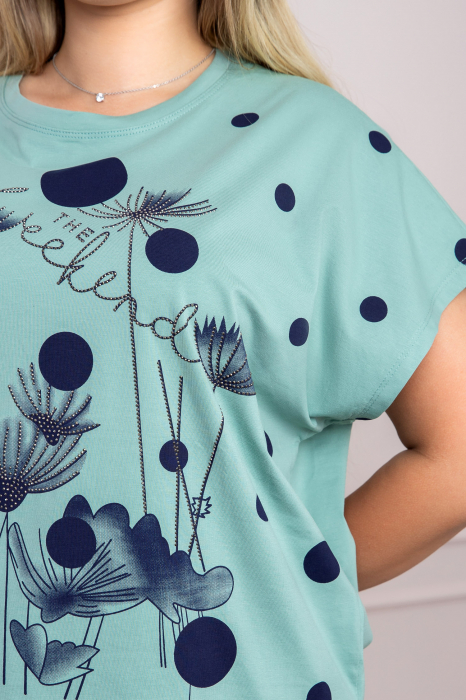 Tricou verde mint cu strasuri si imprimeuri florale bleumarin [2]
