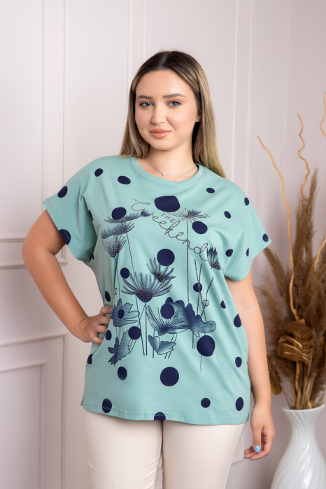 Tricou verde mint cu strasuri si imprimeuri florale bleumarin [3]