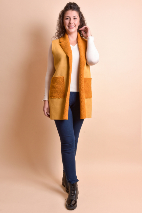 Vesta tip cojoc galben mustar cu buzunare aplicate [6]