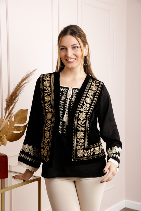 Vesta traditionala neagra cu broderie florala aurie Maria 03 [4]