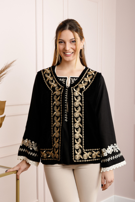 Vesta traditionala neagra cu broderie florala aurie Melania [4]